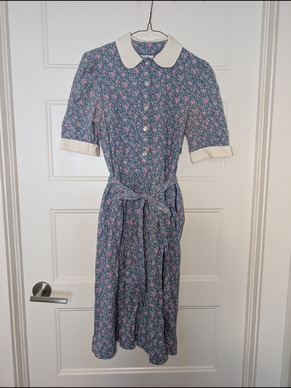 Laura Ashley Blue Floral Midi Dress with Pink Accents and White Collar